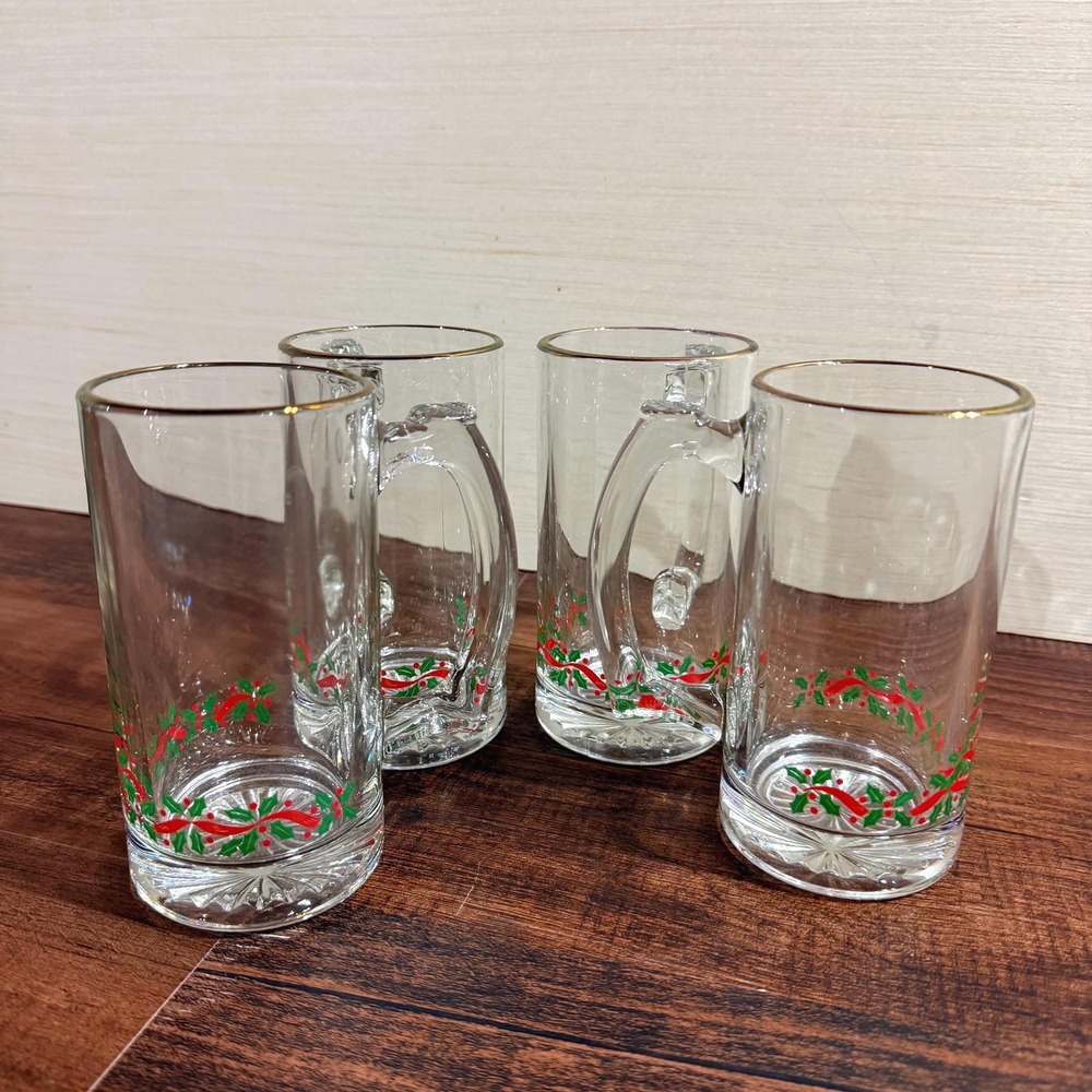 4 VTG Libbey Christmas Glass Mugs Arby's Holly Berry Gold Rim Beer Steins